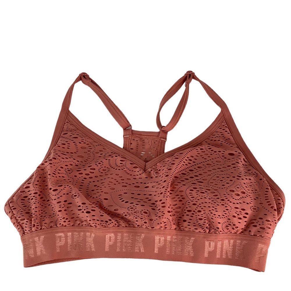 PINK Victoria Secret Ultimate Lightly Lined Coral Orange Halter Sports Bra Sz S